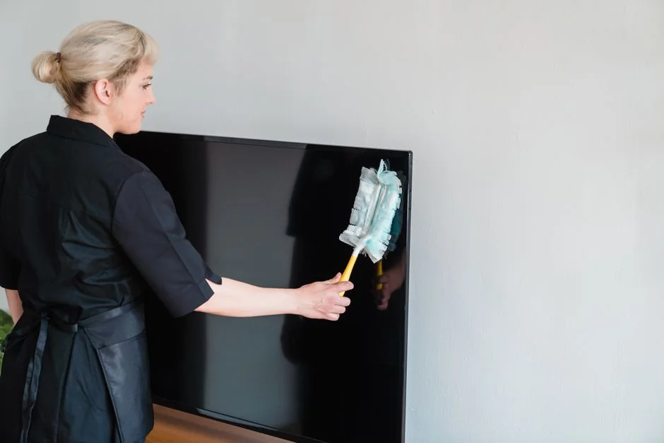 Asian couple having fun while cleaning their home, enhancing a cheerful atmosphere.